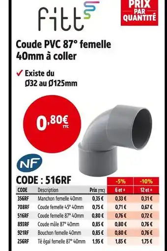 Screwfix Fitt Coude PVC 87° femelle 40mm à coller offre