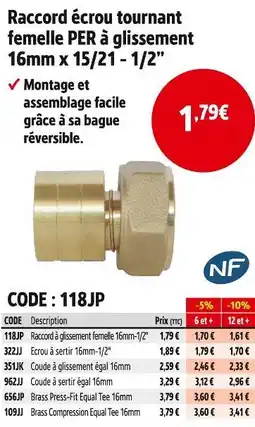 Screwfix NF Raccord écrou tournant femelle PER à glissement 16mm x 15/21 - 1/2” offre