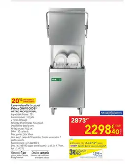 METRO METRO PROFESSIONAL Lave-vaisselle à capot Prima GHW1000E offre