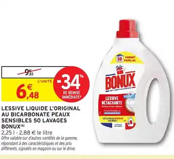 Intermarché Hyper BONUX Lessive liquide l'original au bicarbonate peaux sensibles 50 lavages offre