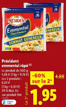 Lidl PRESIDENT emmental râpé offre