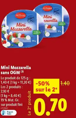Lidl MILBONA Mini Mozzarella sans OGM offre