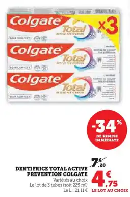Hyper U Dentifrice total active prevention colgate offre