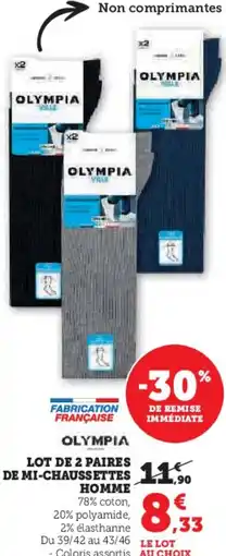 Hyper U Lot de 2 paires de mi-chaussettes homme offre