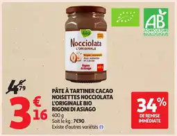 Auchan Pâte à tartiner cacao noisettes nocciolata l'originale bio rigoni di asiago offre