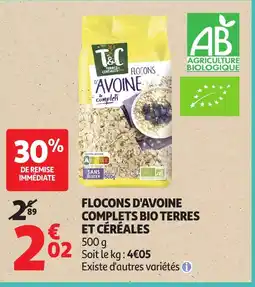 Auchan Flocons d'avoine complets bio terres et céréales offre
