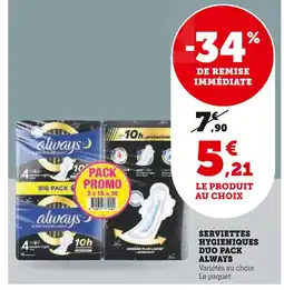 Super U ALWAYS Serviettes hygiéniques duo pack offre