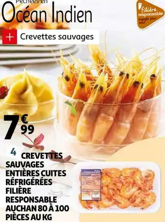 Auchan Auchan crevettes sauvages entières cuites réfrigérées 80 à 100 pièces au kg offre