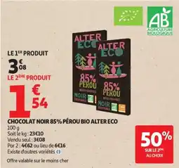 Auchan Supermarché ALTER ECO Chocolat noir 85% pérou bio offre