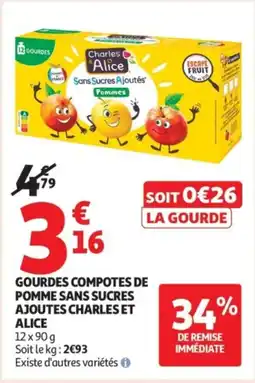 Auchan Supermarché CHARLES ET ALICE Gourdes compotes de pomme sans sucres ajoutes offre