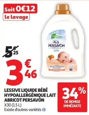 Auchan Supermarché PERSAVON Lessive liquide bébé hypoallergénique lait abricot offre