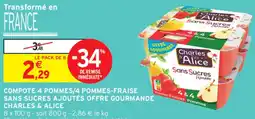 Intermarché CHARLES & ALICE Compote 4 pommes/4 pommes-fraise sans sucres ajoutés offre gourmande offre