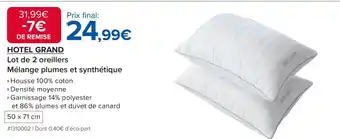 Costco HOTEL GRAND Lot de 2 oreillers Mélange plumes et synthétique offre