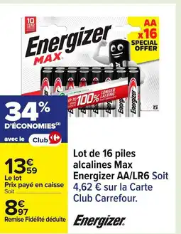 Carrefour ENEGIZER Lot de 16 piles alcalines Max Energizer AA/LR6 offre
