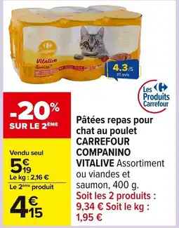 Carrefour CARREFOUR COMPANINO VITALIVE Pâtées repas pour chat au poulet offre