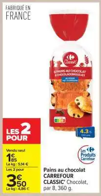 Carrefour Pains au chocolat CARREFOUR CLASSIC' Chocolat, par 8, 360 g offre