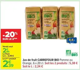 Carrefour Jus de fruit CARREFOUR BIO Pomme ou Orange, 6 x 20 cl offre