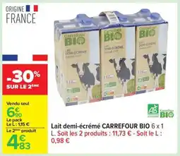Carrefour Lait demi-écrémé CARREFOUR BIO 6 x 1 L offre