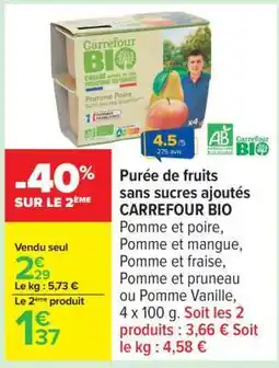 Carrefour Purée de fruits sans sucres ajoutés CARREFOUR BIO offre