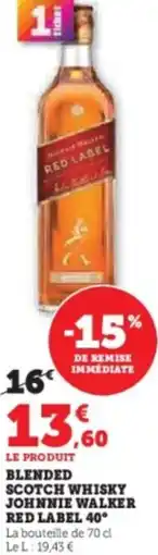 Super U Blended scotch whisky johnnie walker red label 40° offre