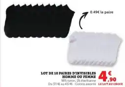 Super U Lot de 10 paires d'invisibles homme ou femme offre
