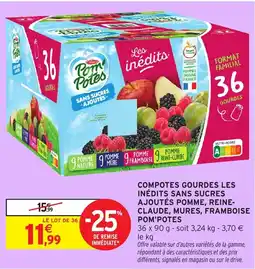 Intermarché Express POM'POTES Compotes gourdes les inédits sans sucres ajoutés pomme, reine- claude, mures, framboise offre