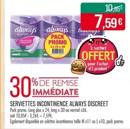Match ALWAYS DISCREET Serviettes incontinence offre