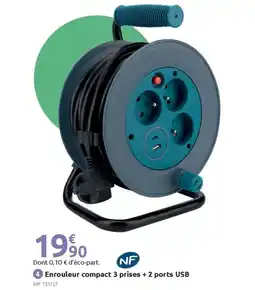 Mr Bricolage Enrouleur compact 3 prises + 2 ports USB offre