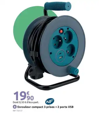 Mr Bricolage Enrouleur compact 3 prises + 2 ports USB offre