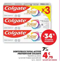 Maximarché Dentifrice total active prevention colgate offre