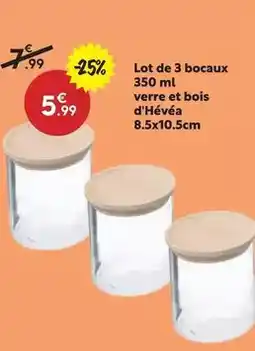 Maxi Bazar Lot de 3 bocaux 350 ml verre et bois d'hévéa 8.5x10.5cm offre
