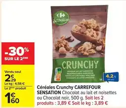 Carrefour Carrefour - céréales crunchy chocolat au lait et noisettes ou chocolat noir offre