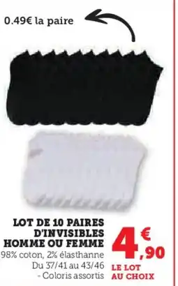 Hyper U Lot de 10 paires d'invisibles homme ou femme offre
