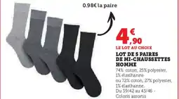 Hyper U Lot de 5 paires de mi-chaussettes homme offre