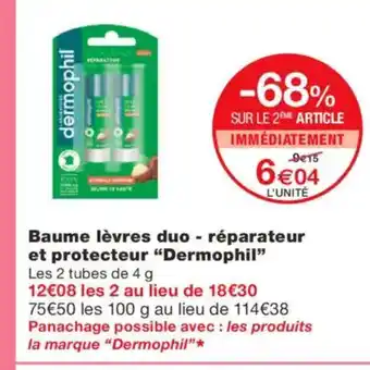 Monoprix DERMOPHIL Baume lèvres duo- réparateur et protecteur offre