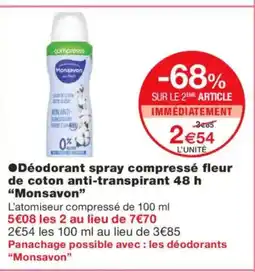 Monoprix MONSAVON Déodorant spray compressé fleur de coton anti-transpirant 48 h offre