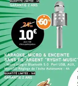 E.Leclerc KARAOKE, MICRO & ENCEINTE SANS FIL ARGENT “RYGHT-MUSIC” offre