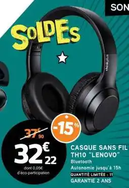 E.Leclerc CASQUE SANS FIL TH10 'LENOVO' offre