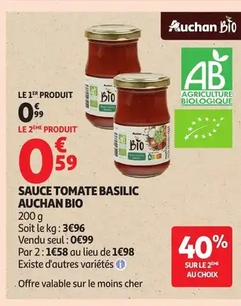Auchan AUCHAN BIO Sauce tomate basilic offre