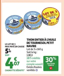 Auchan PETIT NAVIRE Thon entier à l'huile de tournesol offre
