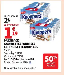 Auchan KNOPPERS Multipack gaufrettes fourrées lait noisette offre