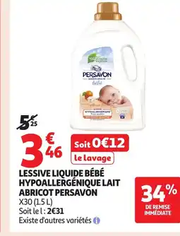 Auchan PERSAVON Lessive liquide bébé hypoallergénique lait abricot offre