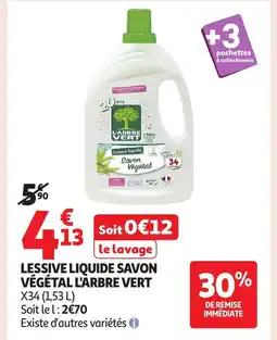 Auchan L'ARBRE VERT Lessive liquide savon végétal offre