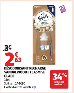 Auchan GLADE Désodorisant recharge sandalwood et jasmise offre
