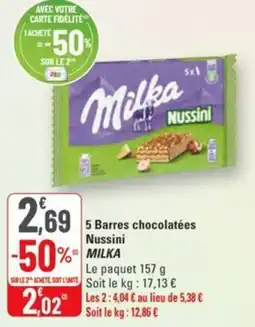G20 5 barres chocolatées nussini milka offre