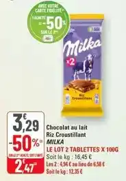 G20 Milka - chocolat au lait riz croustillant le lot 2 tablettes x 100g offre