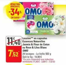 G20 Omo - lessive en capsules essences naturelles jasmin & fleur de coton ou rose & lilas blanc offre