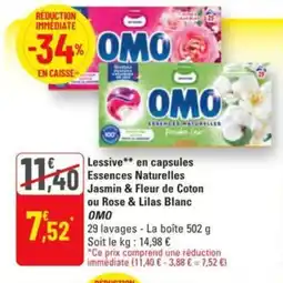 G20 Lessive en capsules essences naturelles jasmin & fleur de coton ou rose & lilas blanc omo offre