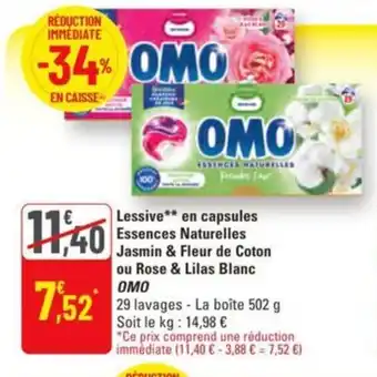G20 Lessive en capsules essences naturelles jasmin & fleur de coton ou rose & lilas blanc omo offre