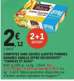 E.Leclerc Express CHARLES ET ALICE Compotes sans sucres ajoutés pommes bananes vanille offre découverte offre